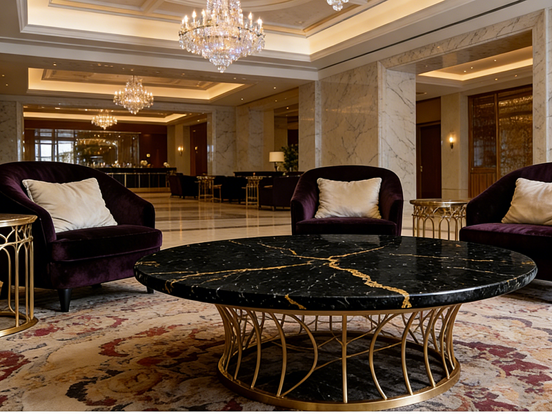 Luxury black marble coffee table with gold veins, positioned in an elegant hotel lobby with purple velvet chairs and crystal chandeliers.png