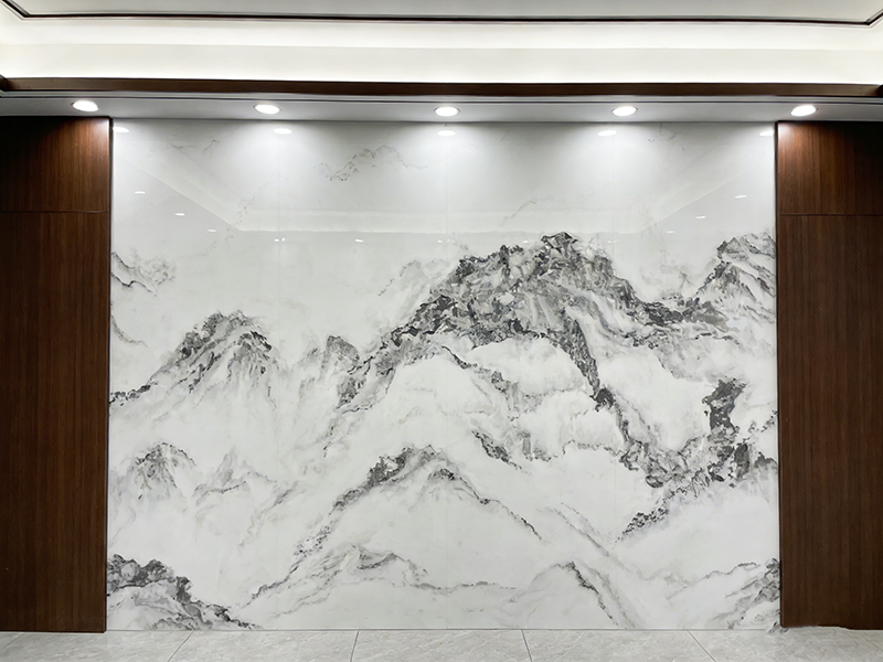 Chinese landscape pattern artificial quartz feature wall with wood trim for modern traditional interior.png