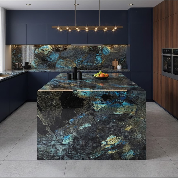 YDSTONE Modern Design Polished Lemurian Labradorite Blue Granite Slab Natural Stone Kitchen Countertop for Villas