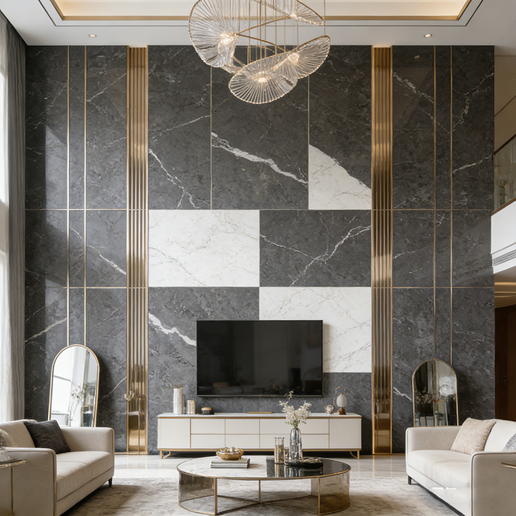 YUANDA Calacatta Stone Tiles Engineered Large Slab Black Sintered Stone Slab Wall Interior