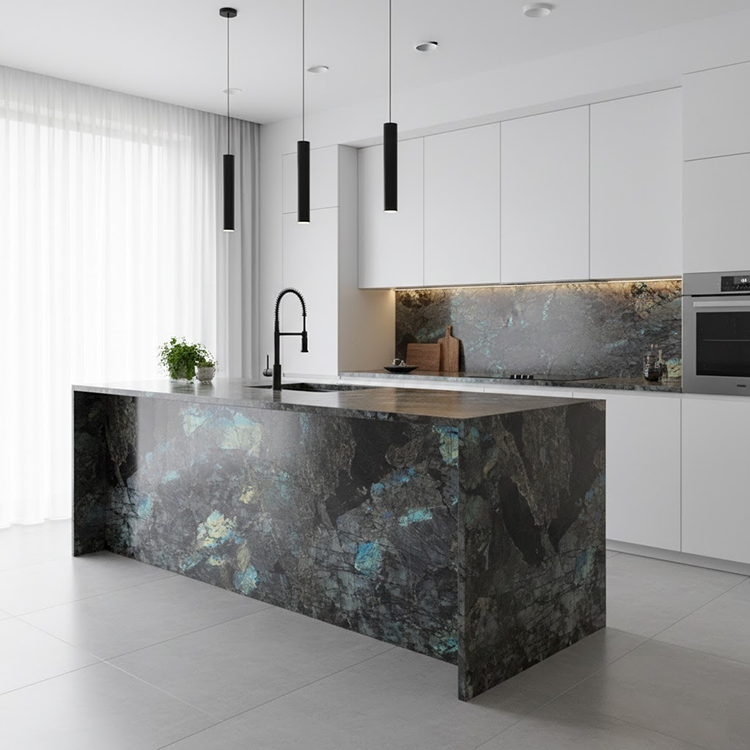YDSTONE Modern Design Polished Lemurian Labradorite Blue Granite Slab Natural Stone Kitchen Countertop for Villas