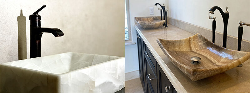 White Onyx Square Vessel Sink, Polished Stone Bathroom Basin with Oil-Rubbed Bronze Faucet.jpg