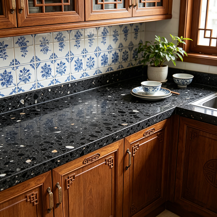 YDSTONE Elegant Black Artificial Quartz Stones Slab Custom Slab for Kitchen Countertop