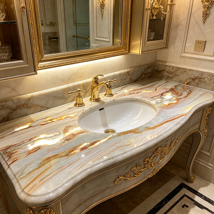 Volcano Fusion Quartz Slab Natural Wavy Gold Impression Quartz for Countertop Vanity Top Bathroom