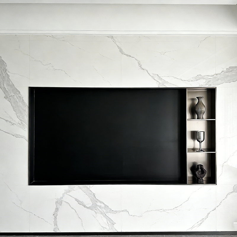 Modern artificial quartz TV wall panel with built-in TV and side open storage shelves.png