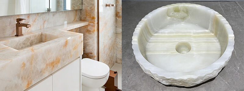 Luxury Orange Vein Onyx Integrated Bathroom Sink, Modern Wall-Mounted Onyx Vanity Top with Brushed Bronze Faucet.jpg