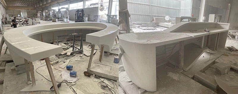 Semi-finished circular natural marble bar counter in a manufacturing workshop, supported by wooden braces during the finishing phase2.jpg