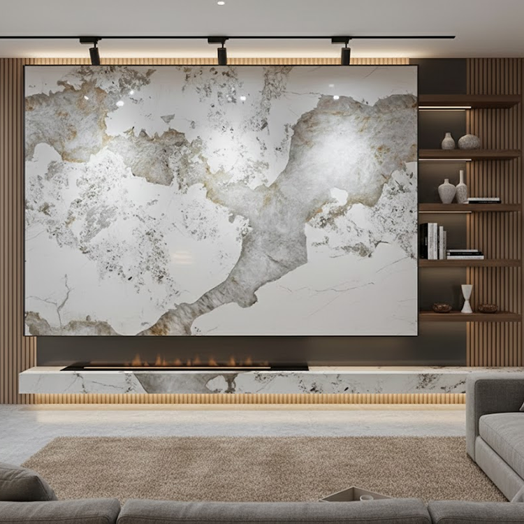 Płytki i płyty ścienne z spiekanego kamienia Pandora, odporność na ogień, nowoczesne, do paneli ścianowych w sypialni