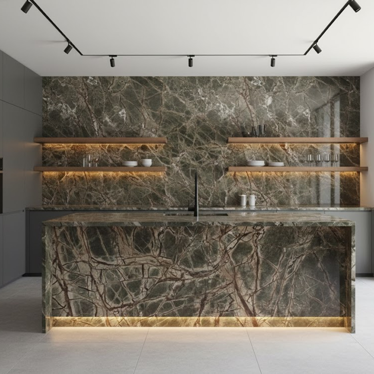 China Supplier's Modern Green Rainforest Brown Marble Slab Polished Surface 1-Year Warranty for Villa Kitchen Countertops