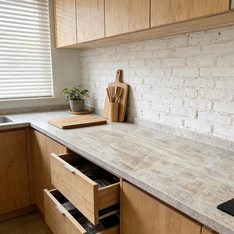 Industrial-style kitchen Taj Mahal White quartzite countertops, wooden cabinetry, white brick wall & potted plant.png