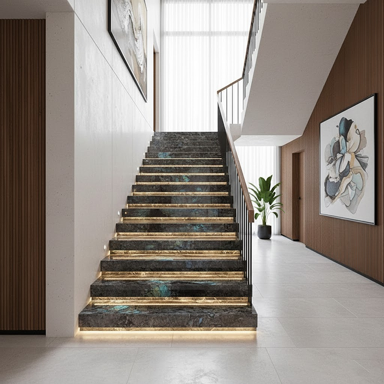 YDSTONE Modern Design Polished Lemurian Labradorite Blue Granite Slab Natural Stone Stair for Villas