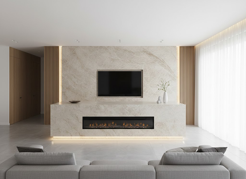 Luxury livingroom featuring a seamless Taj Mahal Quartzite TV wall and backsplashes.png
