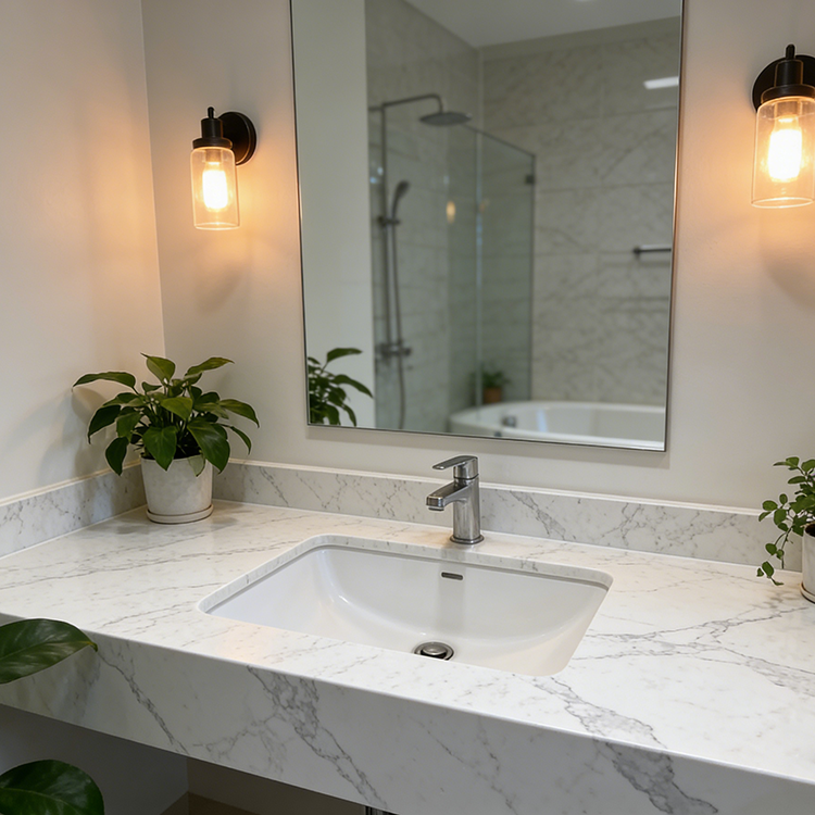 YUANDA Wholesale 0 Silica Calacatta White Quartz Slabs for Custom Bathroom Island Tops and Vanity Tops