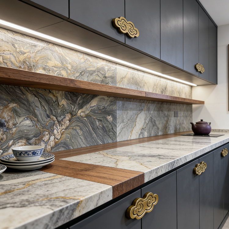 Chinese-style kitchen Aquarella quartzite countertop & backsplash, dark cabinets with cloud-patterned gold handles, wooden shelves & blue-and-white tea set.png