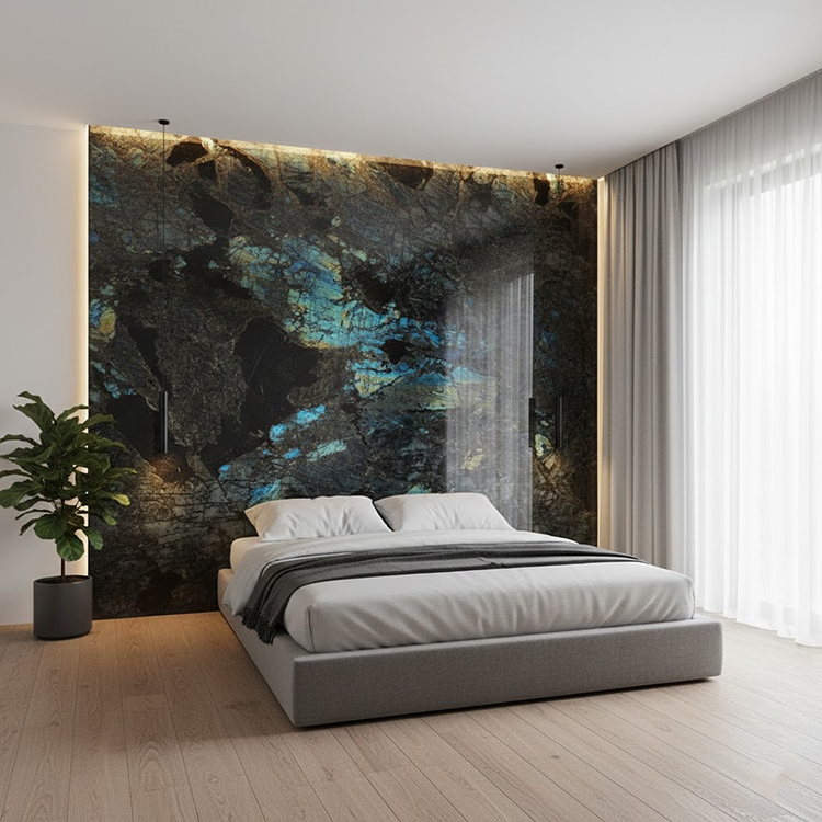 YDSTONE Modern Design Polished Lemurian Labradorite Blue Granite Slab Natural Stone Wall for Villas