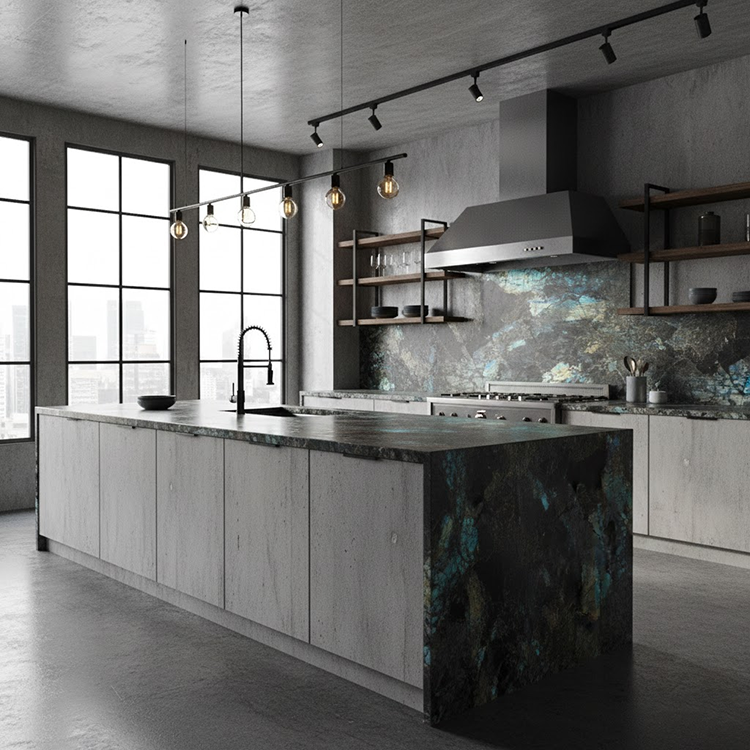 YDSTONE Modern Design Polished Lemurian Labradorite Blue Granite Slab Natural Stone Kitchen Countertop for Villas