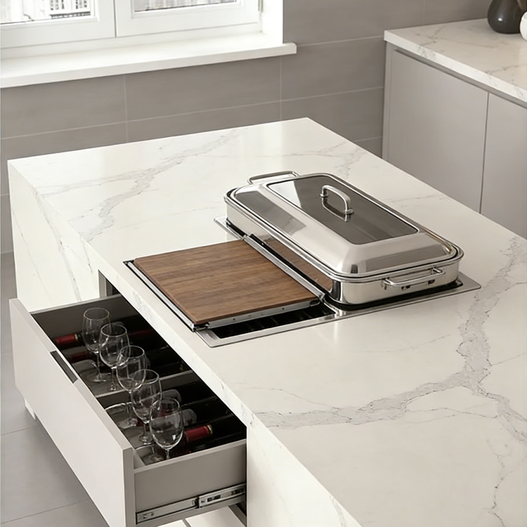 Kitchen island hidden storage stainless steel food container, wine glass and bottle drawer – functional modern kitchen cabinetry solution.png