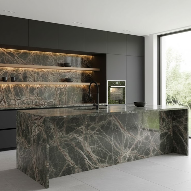 China Supplier's Modern Green Rainforest Brown Marble Slab Polished Surface 1-Year Warranty for Villa Kitchen Countertops