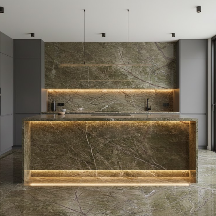 China Supplier's Modern Green Rainforest Brown Marble Slab Polished Surface 1-Year Warranty for Villa Kitchen Countertops