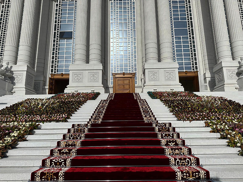 Grand entrance staircase of Tajikistan Government Office Building (ceremonial setup), with stone steps supplied for this public architecture project.jpg