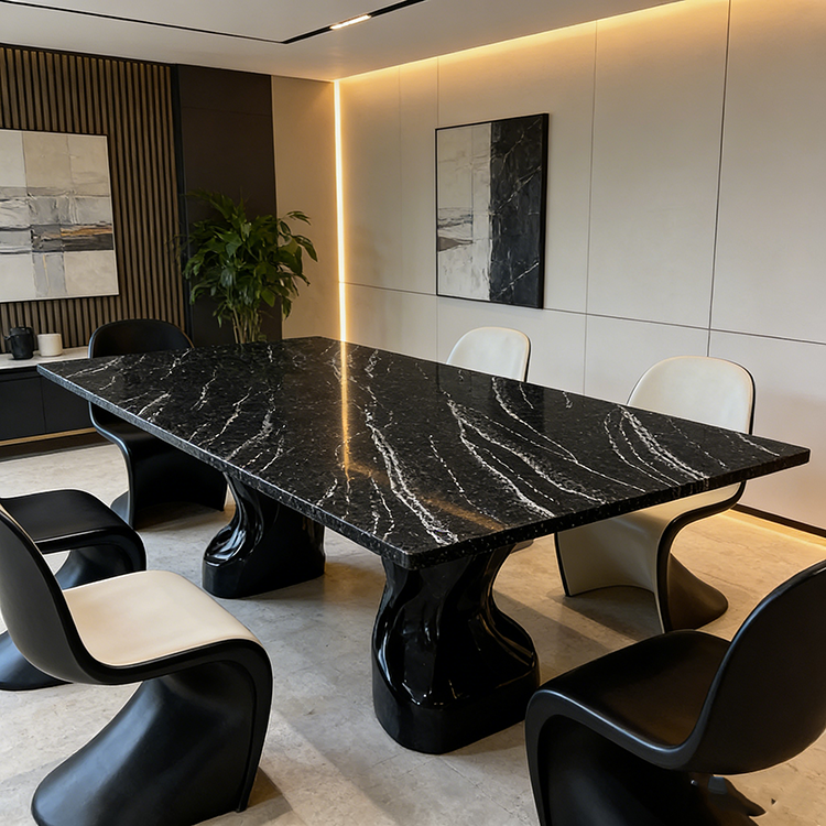 YDSTONE Modern Design Poetic Black Quartz Kitchen Dinning Table White Vein Stone Slab for Restaurant Bar Vanity Top 3D Model Design