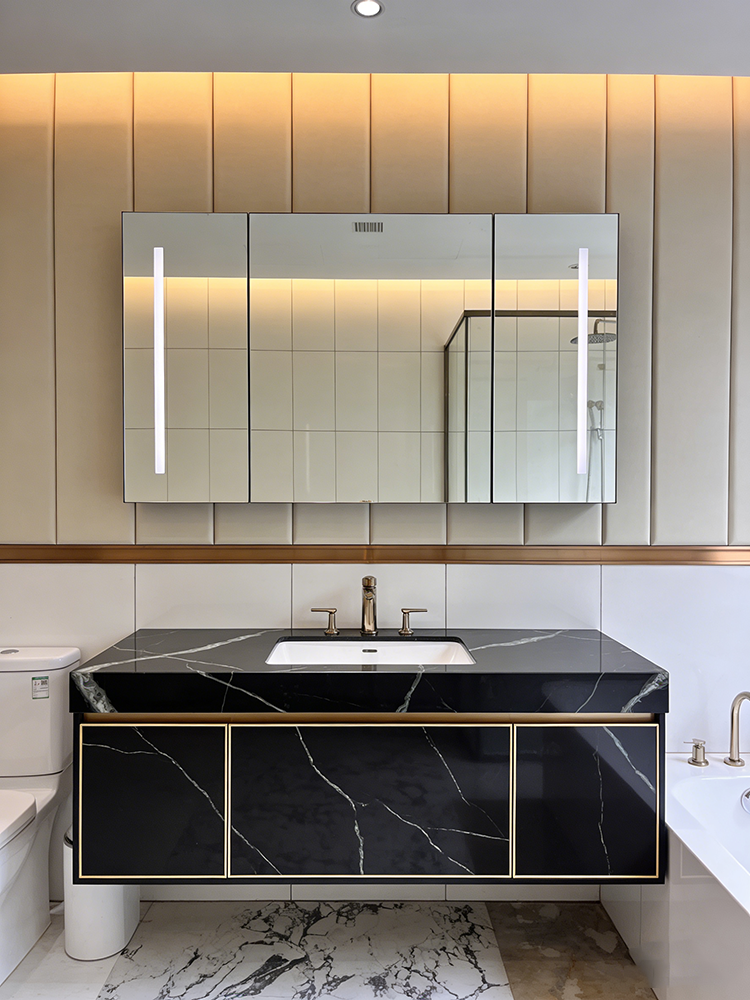 YDSTONE Modern Design Poetic Black Quartz White Vein Stone Slab for Bathroom Vanity Top 3D Model Design