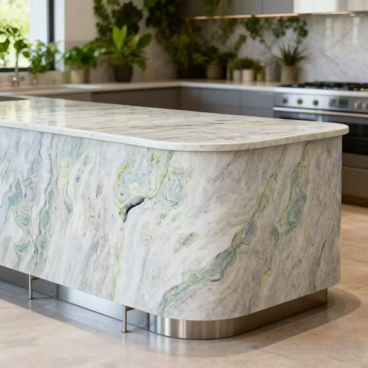 marble kitchen island with waterfall edge vein matched sides