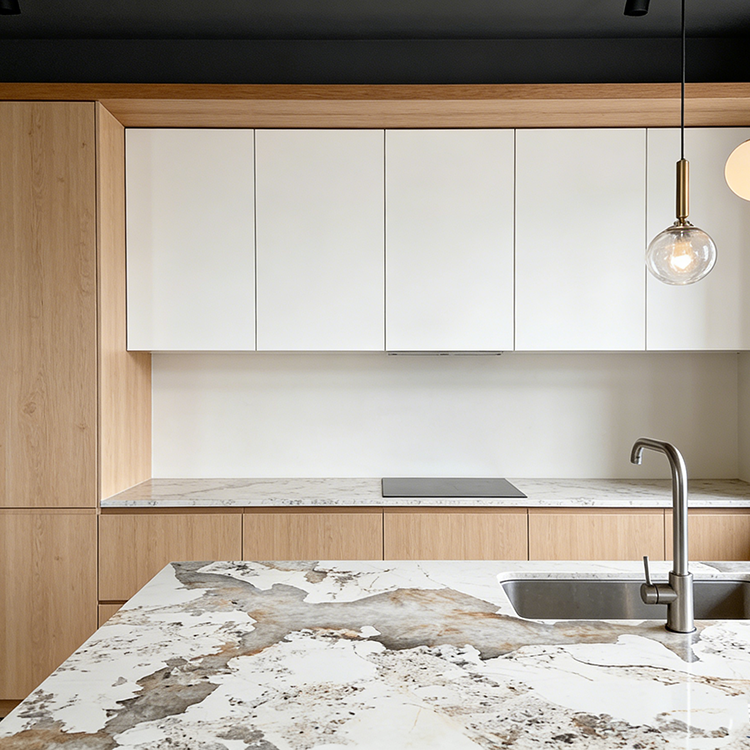 Pandora Lapidis Sinterati Tegulae Parietales Tabula Igni Resistentis Modernae ad Supra Mensam Cenationis et Ad Superficies Contra Muros in Cucina