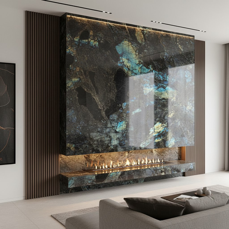 YDSTONE Modern Design Polished Lemurian Labradorite Blue Granite Slab Natural Stone Wall for Villas