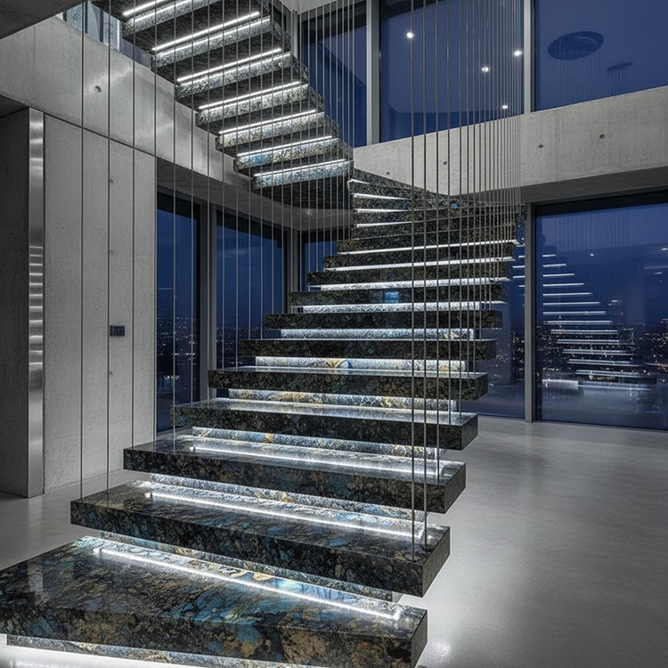 YDSTONE Modern Design Polished Lemurian Labradorite Blue Granite Slab Natural Stone Stair for Villas