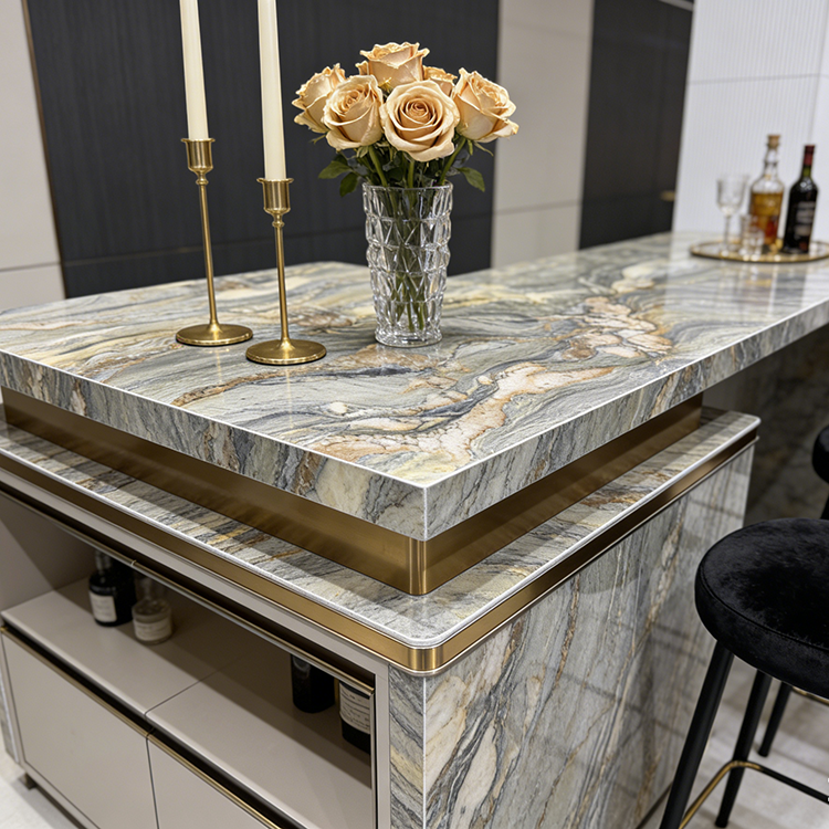 Luxury home bar Aquarella quartzite countertop with gold trim, black velvet bar stools, candle holders & rose centerpiece.png