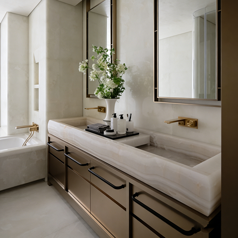 Luxury White Onyx Double Undermount Sinks, Modern Bathroom Vanity with Brushed Gold Faucets.png