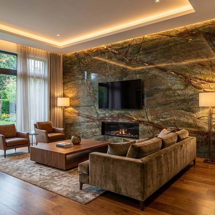 China Supplier's Modern Green Rainforest Brown Marble Slab Polished Surface 1-Year Warranty for Villa Flooring and Wall Tiles