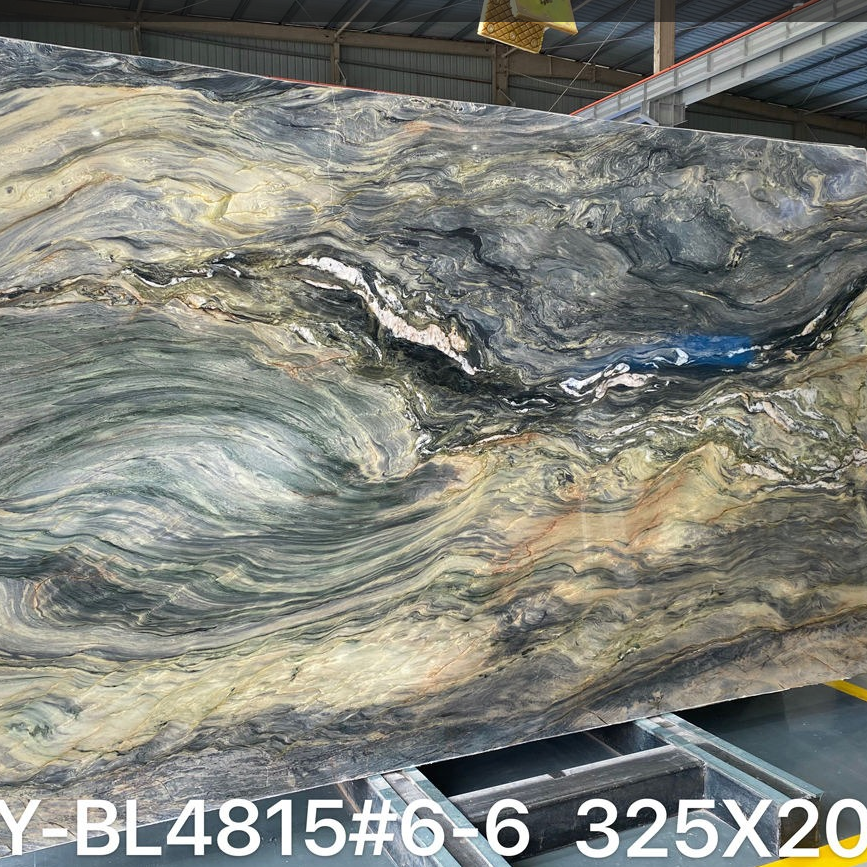 Aquarella quartzite slab in factory, code LY-BL4815#6-6, size 325x200cm, natural swirling green-gold-blue veining.png