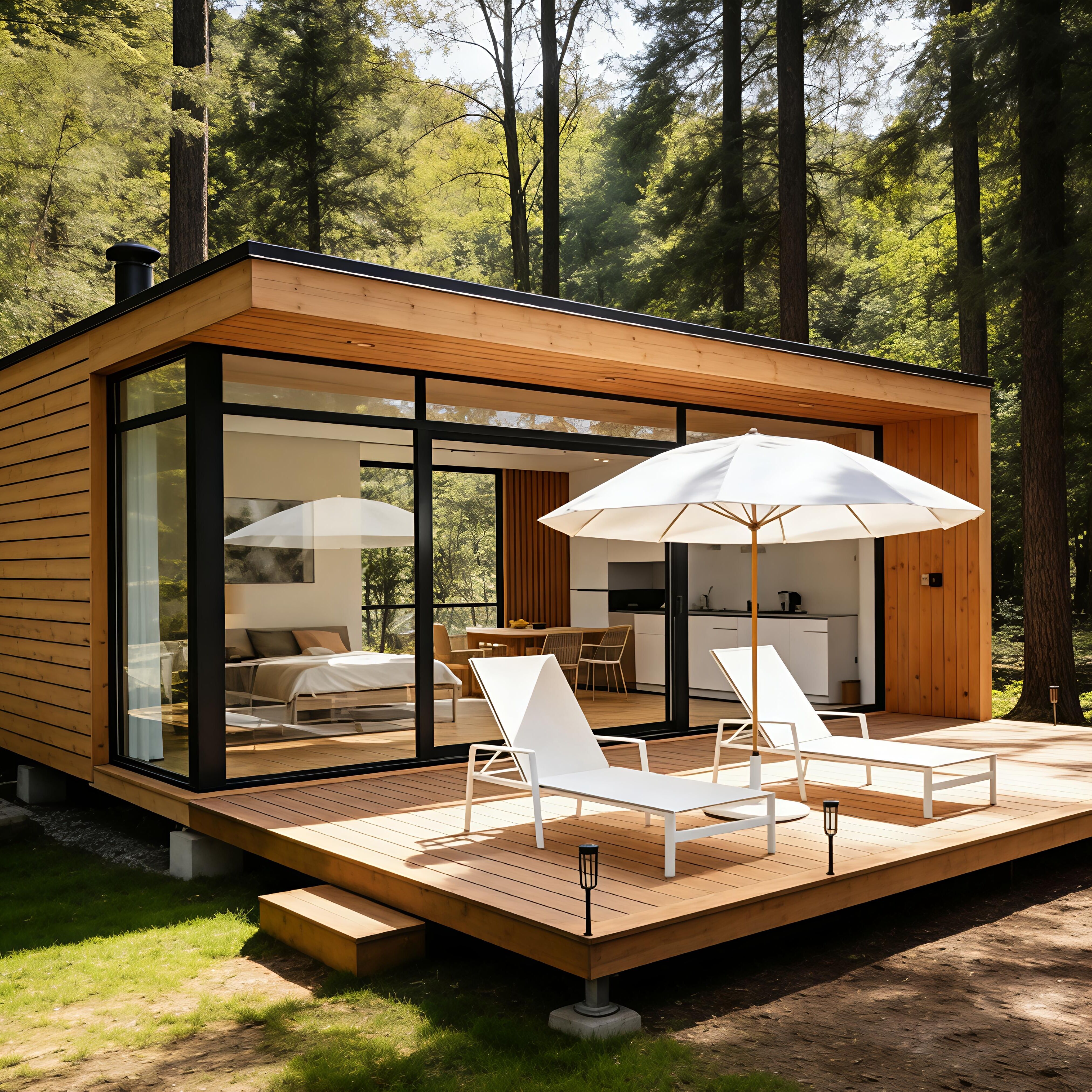 Modern Wooden Mobile Cabin - Portable Forest Glamping Tiny House with Glass Walls & Deck