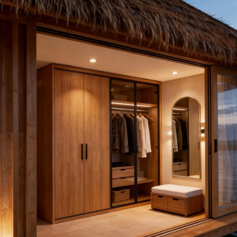 “Waterfront Thatched Mobile Cabin - Portable Beach/ Lake Glamping Tiny House with Glass Walls”