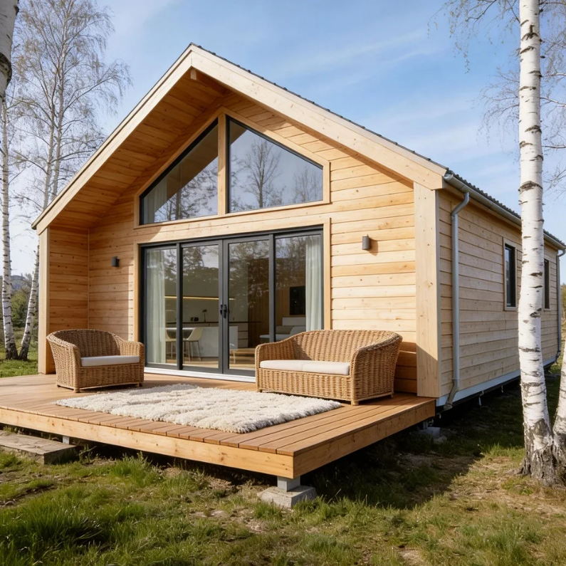 Modern Wooden Prefab Cabin with Deck - Portable Small Garden/Backyard Guest House