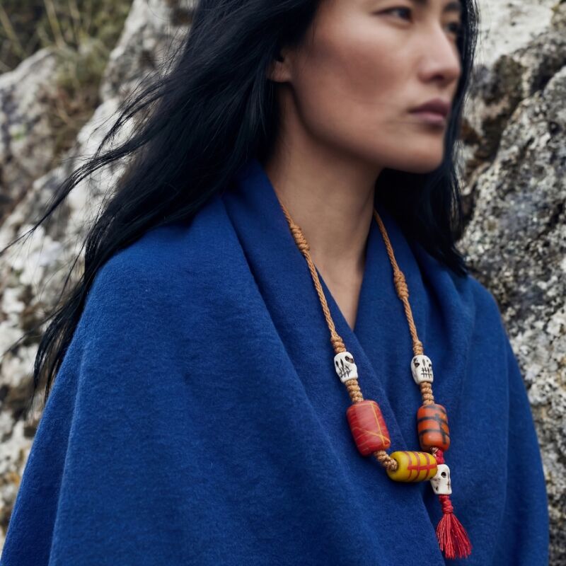 Tibetan Necklace with Glazed Barrel Beads & Yak Bone A'Dai Charm