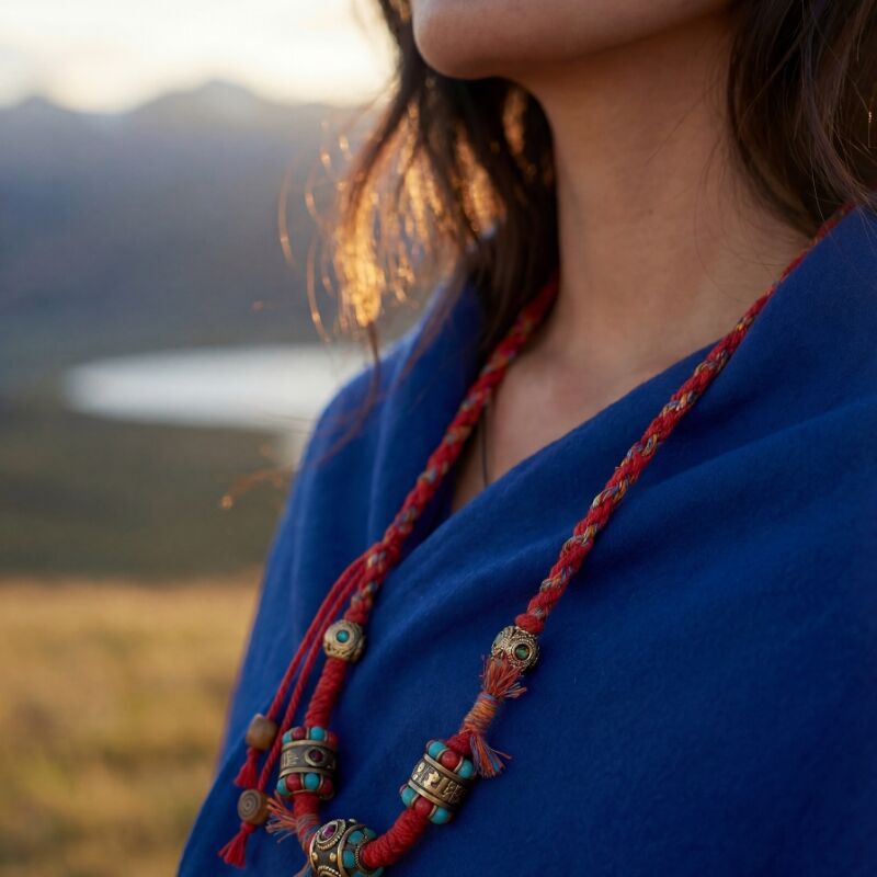 Tibetan Braided Necklace with 3-Eye Wealth Beads & Six-Word Mantra | Purification & Blessing Pendant