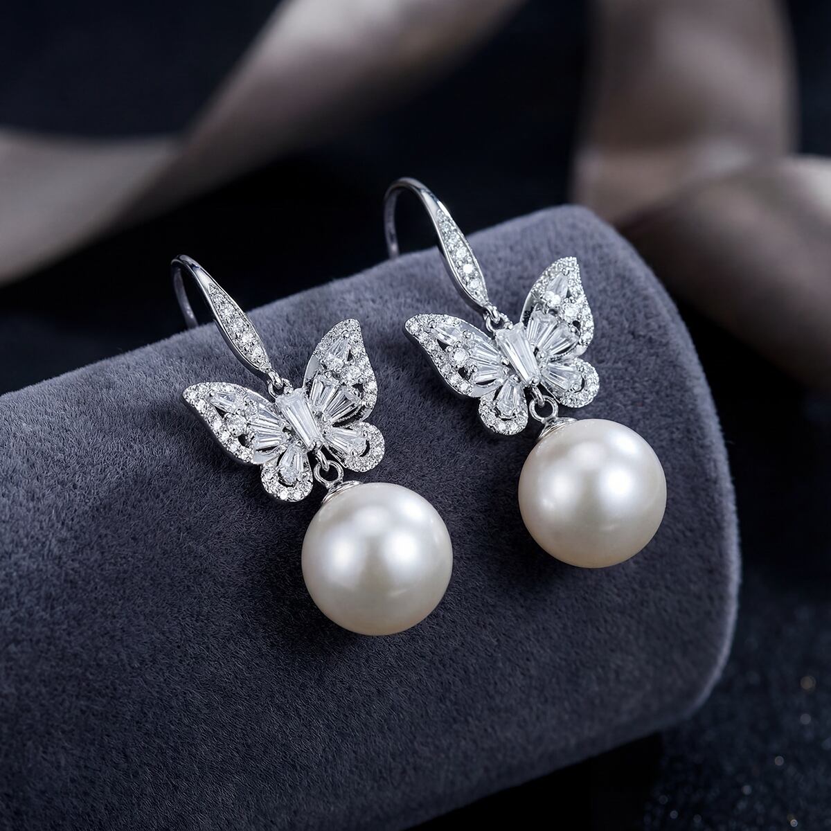 Marrinu Butterfly Pearl CZ Drop Earrings
