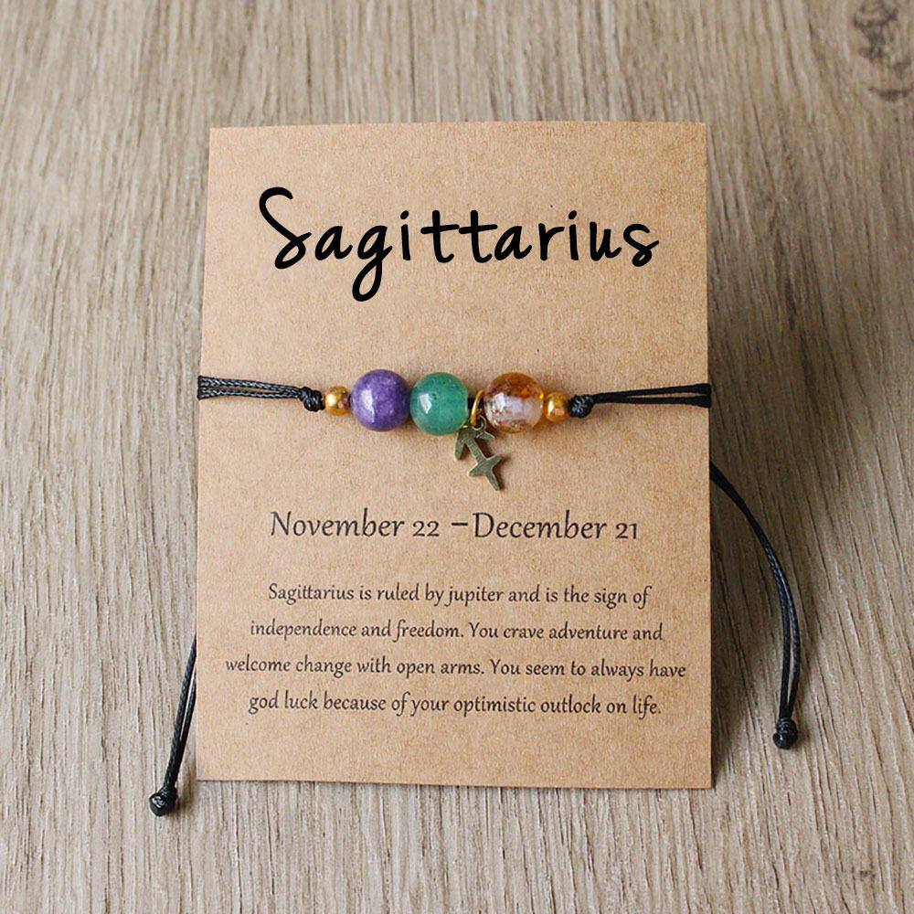 12 Zodiac Natural Stone Bracelets - Adjustable Braided String with Constellation Charms, Healing Crystal Zodiac Jewelry for Women-BS-0404
