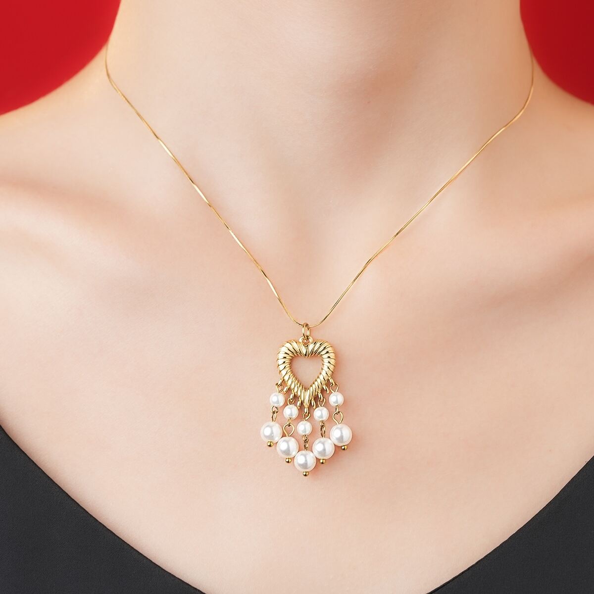 Marrinu Stainless Steel Heart Pearl Snake Chain Necklace