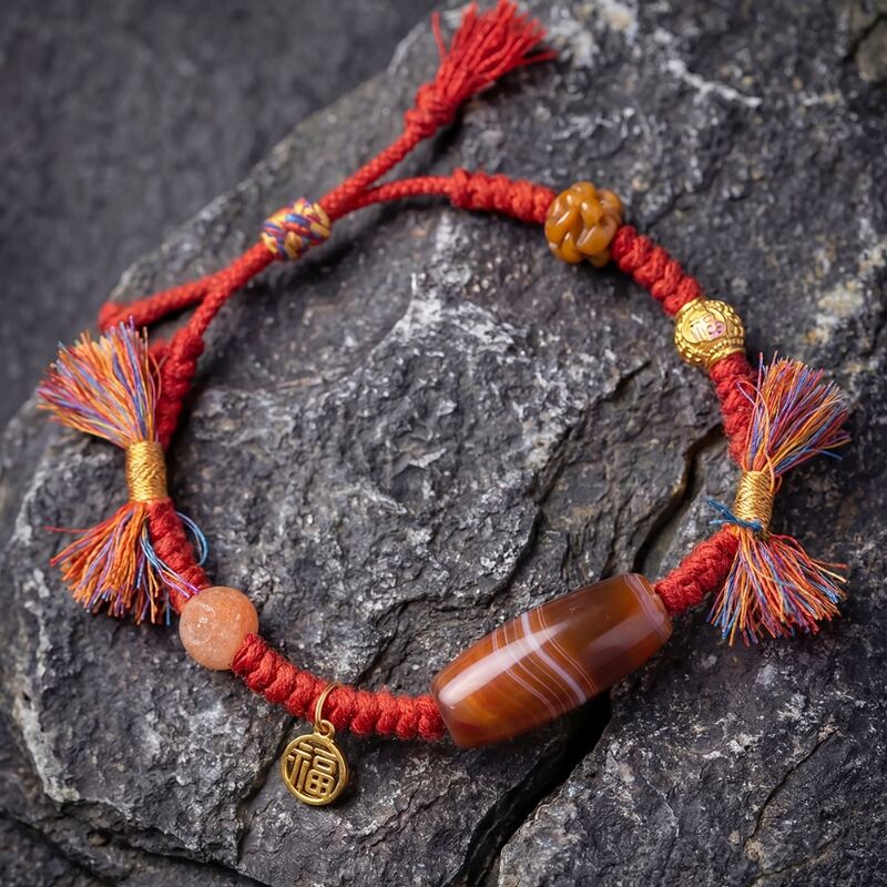 Sardonyx Tibetan Handwoven Bracelet | Ethnic Fortune Tassel Bracelet