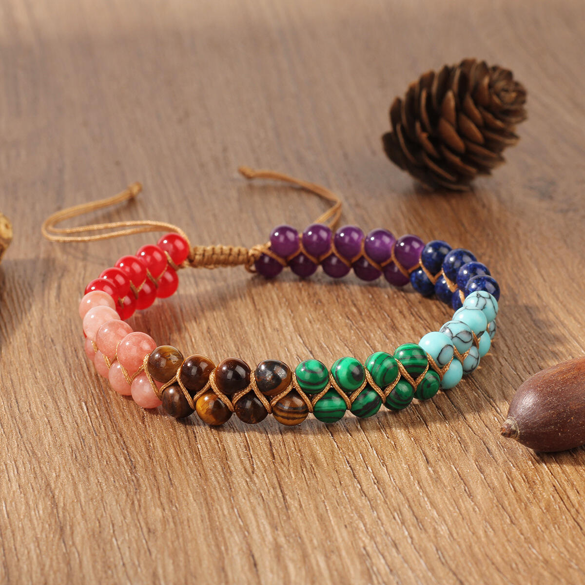 Gelang Kristal 7 Chakra - Batu Lava & Batu Permata Alami, Gelang Yoga Anyaman yang Dapat Disetel Secara Manual, Perhiasan Spiritual Boho untuk Wanita dan Pria-BS0401