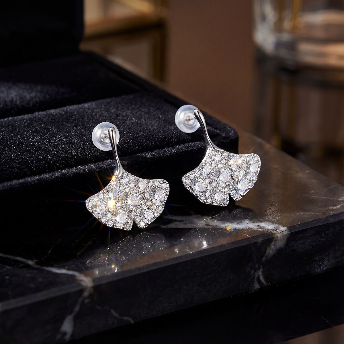 Marrinu Paved Zircon Ginkgo Leaf Earrings | 925 Sterling Silver Post Luxury 