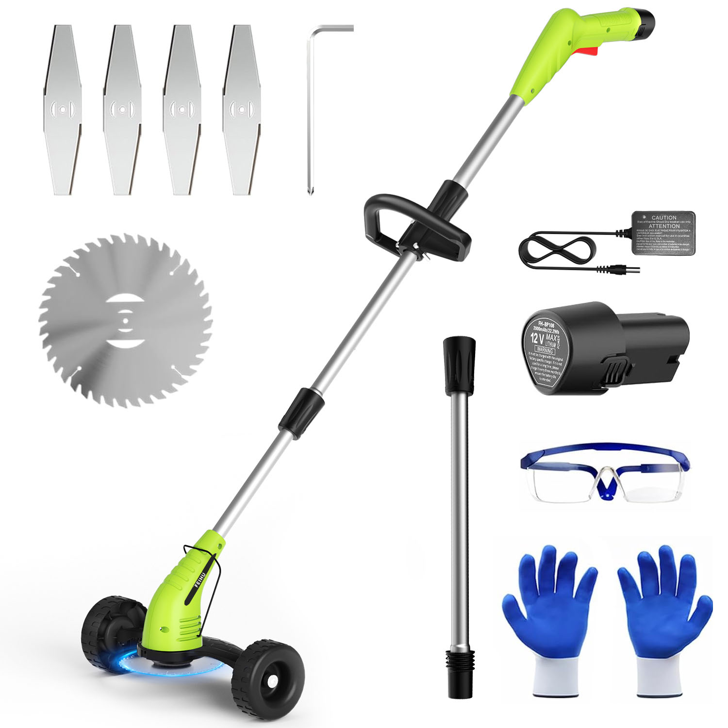 FEIHU 12V Lightweight Cordless Grass Trimmer with Wheel, Fast Charger and 2*2.0Ah Batteries |for Yard, Garden, Hedge