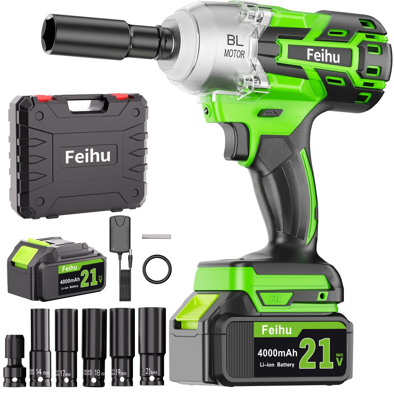 FEIHU Cordless 1/2 inch Brushless Impact Wrench 600N.m High Brushless Electric Impact Gun，for Car Home,Power Impact Driver with , LED Work Light