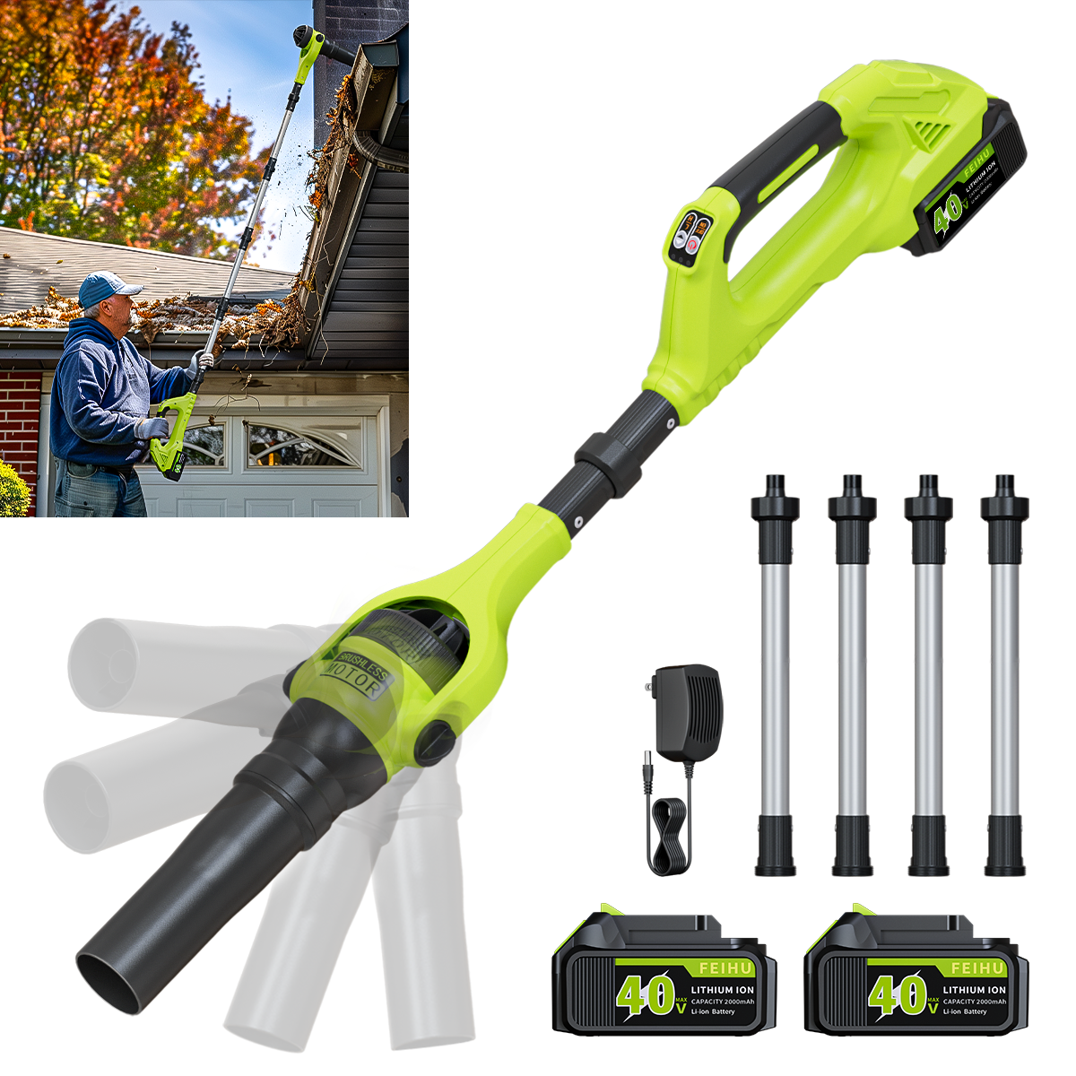 FEIHU Cordless Leaf Blower 40V - 580 CFM/180 MPH, Brushless Electric Blower with 2*2.0Ah Batteries & Charger, 2-in-1 Design with Gutter Cleaning Extension for Garden & Home - Green