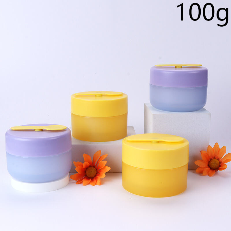 100g/3oz New PP Cream Jar, Round Bottom Cleansing Balm Bottle with Magnetic Spoon, Frosted Blue Body, Macaron Purple Lid & Yellow Scraper. BPA-Free Food-Grade Wide-Mouth, Airtight Leak-Proof, Built-In Spoon Slot, Reusable Durable. For Face Cream