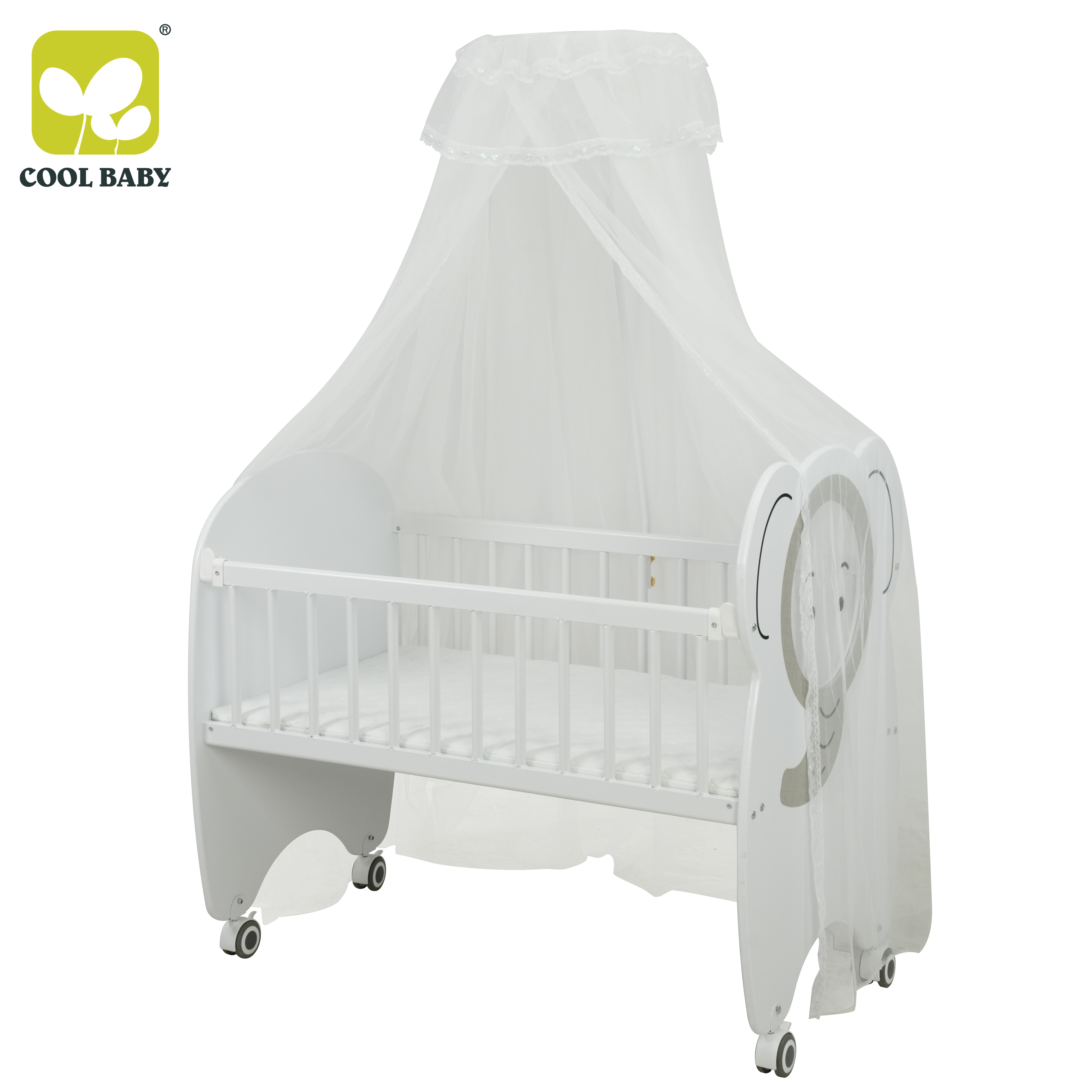 B2631 Cool Baby Lucu Printing Gajah Tempat Tidur Bayi Kayu dengan Fungsi Bukaan Samping